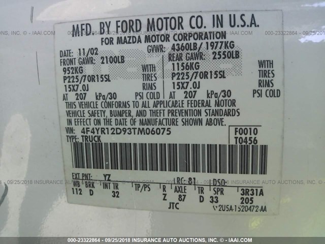 4F4YR12D93TM06075 - 2003 MAZDA B2300 WHITE photo 9
