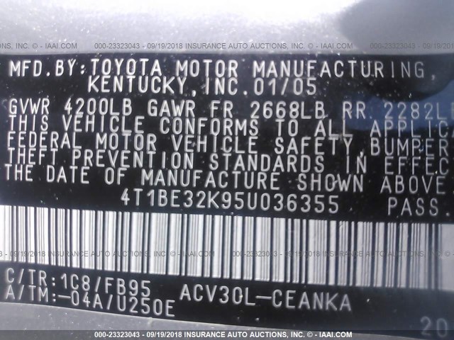 4T1BE32K95U036355 - 2005 TOYOTA CAMRY LE/XLE/SE SILVER photo 9