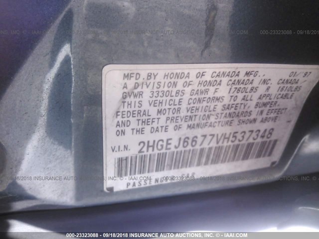 2HGEJ6677VH537348 - 1997 HONDA CIVIC LX BLUE photo 9