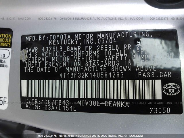 4T1BF32K14U581283 - 2004 TOYOTA CAMRY LE/XLE/SE Gümüş foto 9