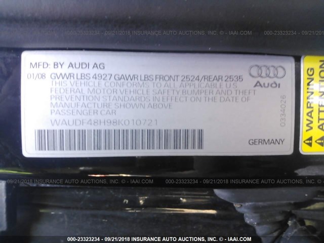 WAUDF48H98K010721 - 2008 AUDI A4 2.0T CABRIOLET QUATTRO BLACK photo 9