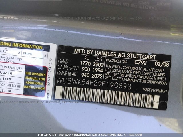 WDBWK54F29F190893 - 2009 MERCEDES-BENZ SLK 300 GRAY photo 9