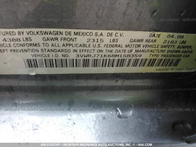 3VWRJ71K68M158359 - 2008 VOLKSWAGEN JETTA WOLFSBURG 灰色 照片 9