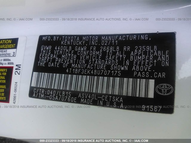 4T1BF3EK4BU707175 - 2011 TOYOTA CAMRY SE/LE/XLE 白色 照片 9