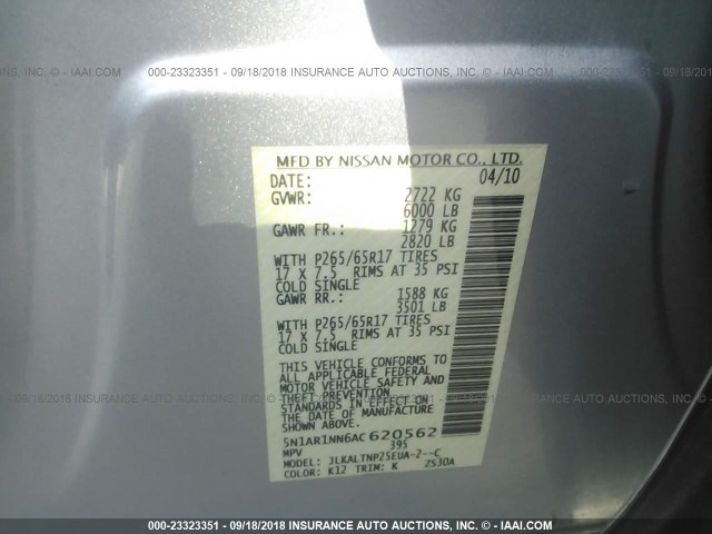 5N1AR1NN6AC620562 - 2010 NISSAN PATHFINDER S/LE/SE SILVER photo 9