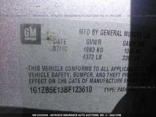 1G1ZB5E13BF123610 - 2011 CHEVROLET MALIBU LS Gümüş foto 9