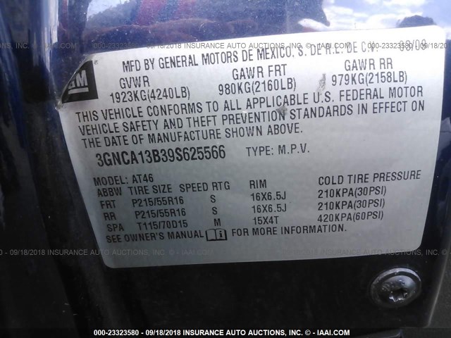 3GNCA13B39S625566 - 2009 CHEVROLET HHR LS BLUE photo 9