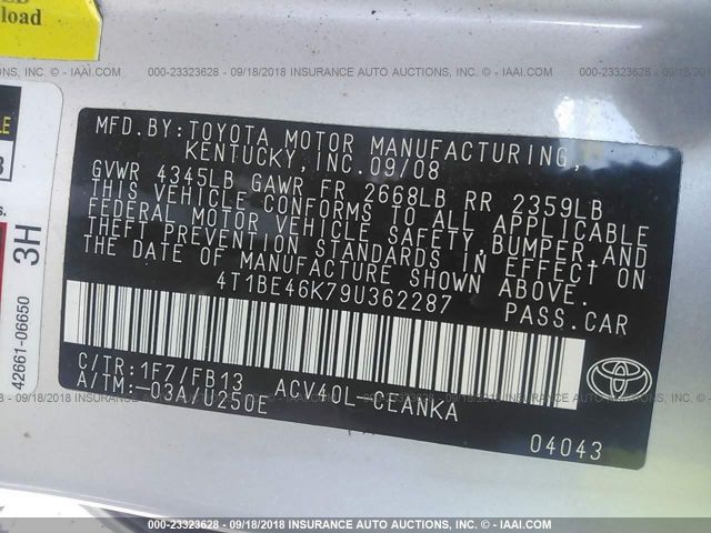 4T1BE46K79U362287 - 2009 TOYOTA CAMRY SE/LE/XLE SILVER photo 9