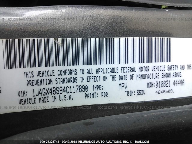 1J4GX48S94C117890 - 2004 JEEP GRAND CHEROKEE LAREDO/COLUMBIA/FREEDOM 灰色 照片 9