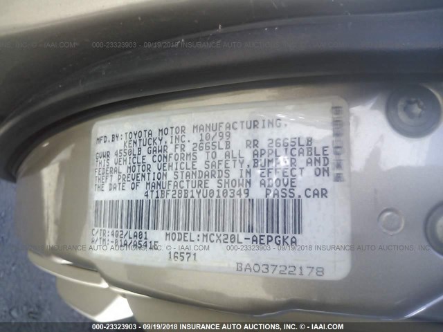 4T1BF28B1YU010349 - 2000 TOYOTA AVALON XL/XLS GOLD photo 9