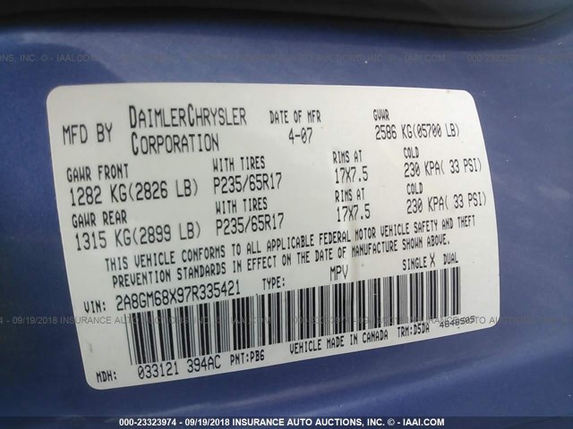 2A8GM68X97R335421 - 2007 CHRYSLER PACIFICA TOURING BLUE photo 9