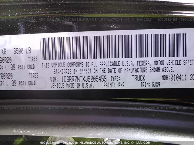 1C6RR7NTXJS209459 - 2018 RAM 1500 LARAMIE BLACK photo 9