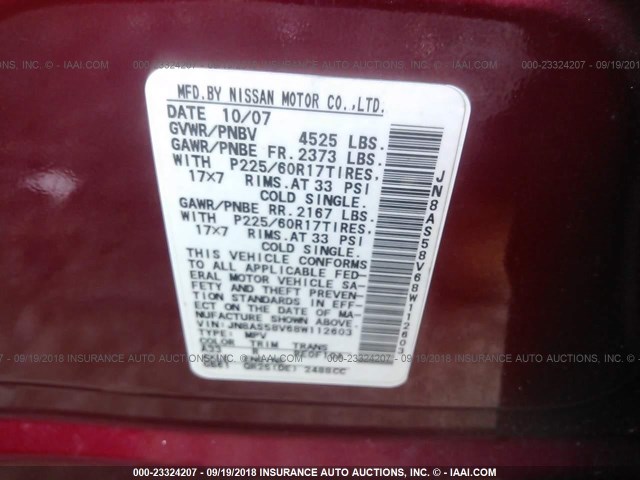 JN8AS58V68W112603 - 2008 NISSAN ROGUE S/SL RED photo 9