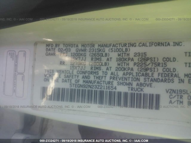 5TEGN92N23Z211654 - 2003 TOYOTA TACOMA DOUBLE CAB PRERUNNER WHITE photo 9