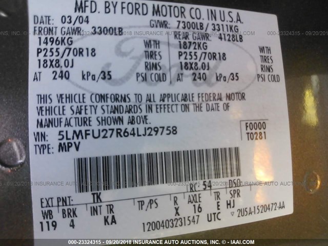 5LMFU27R64LJ29758 - 2004 LINCOLN NAVIGATOR Étain photo 9