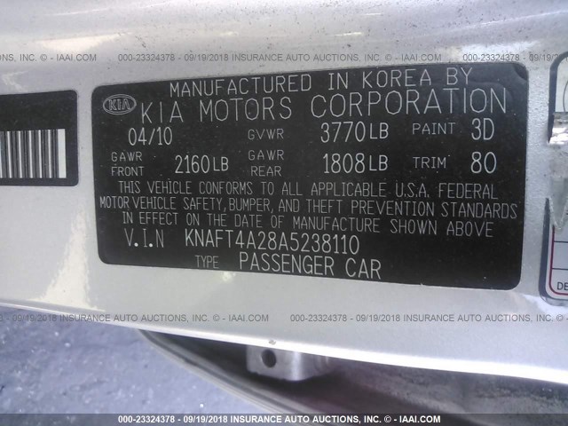 KNAFT4A28A5238110 - 2010 KIA FORTE LX SILVER photo 9