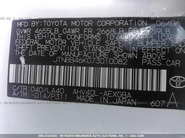 JTNBB46K073010082 - 2007 TOYOTA CAMRY NEW GENERAT HYBRID WHITE photo 9