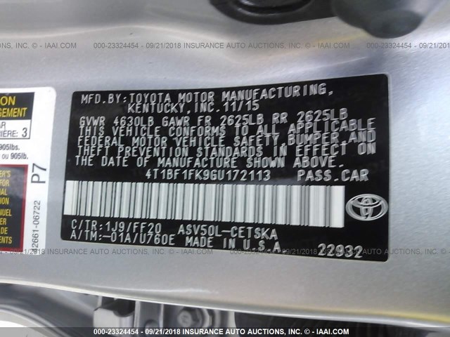 4T1BF1FK9GU172113 - 2016 TOYOTA CAMRY LE/XLE/SE/XSE 银色 照片 9