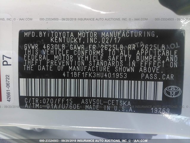 4T1BF1FK3HU401953 - 2017 TOYOTA CAMRY LE/XLE/SE/XSE 白色 照片 9