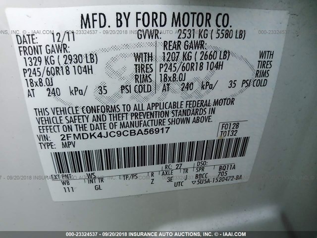 2FMDK4JC9CBA56917 - 2012 FORD EDGE SEL WHITE photo 9