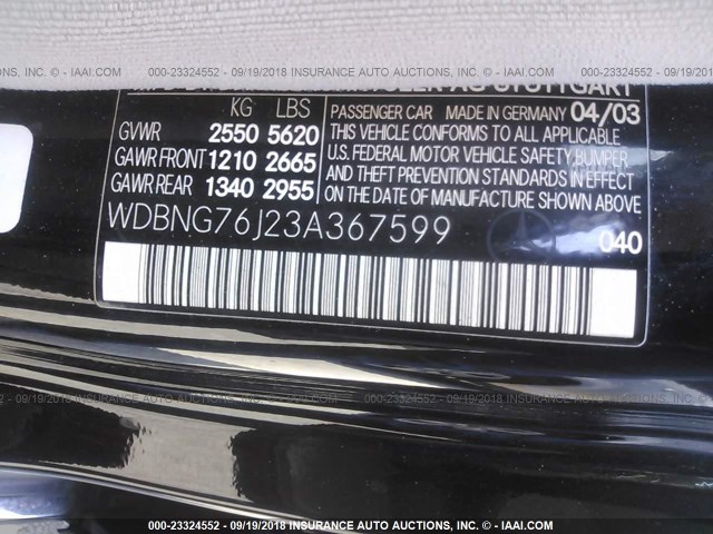 WDBNG76J23A367599 - 2003 MERCEDES-BENZ S 600 BLACK photo 9