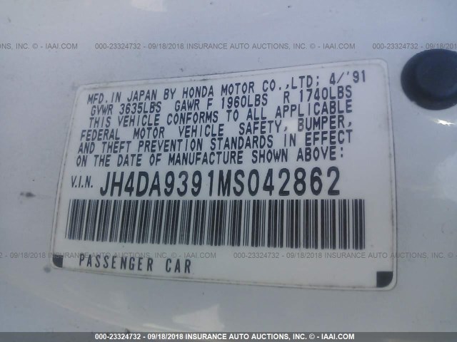 JH4DA9391MS042862 - 1991 ACURA INTEGRA LS SPECIAL WHITE photo 9