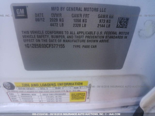 1G1ZE5E03CF377155 - 2012 CHEVROLET MALIBU LTZ 白色 照片 9