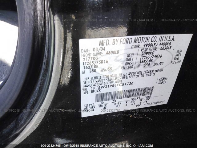 1FTSW31P84EC81736 - 2004 FORD F350 SRW SUPER DUTY BLACK photo 9