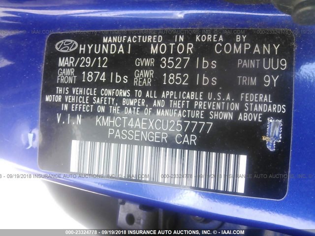 KMHCT4AEXCU257777 - 2012 HYUNDAI ACCENT GLS/GS BLUE photo 9