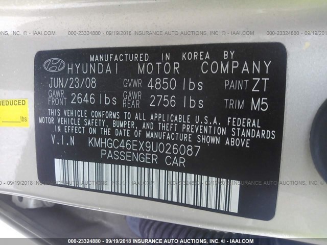 KMHGC46EX9U026087 - 2009 HYUNDAI GENESIS 3.8L GOLD photo 9