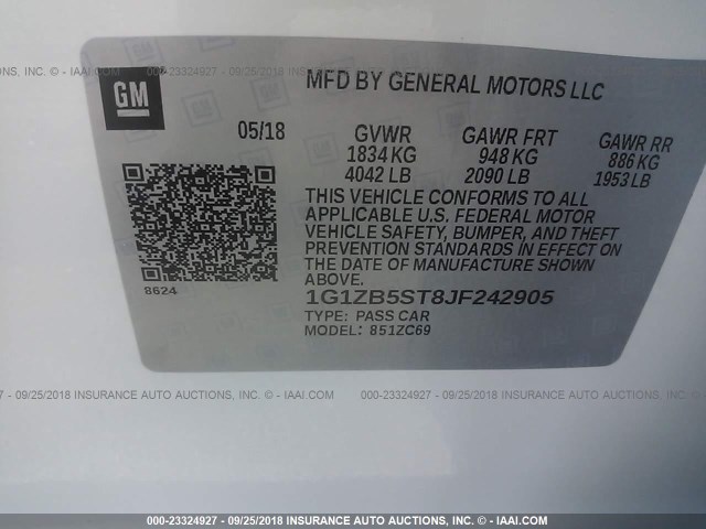 1G1ZB5ST8JF242905 - 2018 CHEVROLET MALIBU LS Ağ foto 9