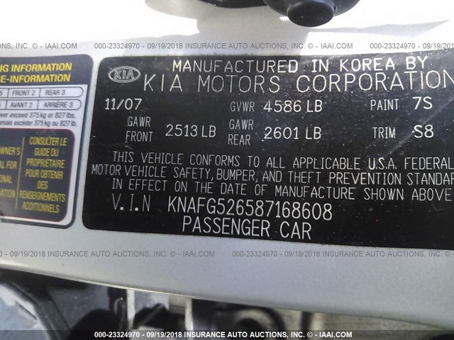 KNAFG526587168608 - 2008 KIA RONDO LX/EX SILVER photo 9