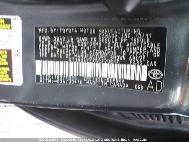 2T1BU4EEXBC720617 - 2011 TOYOTA COROLLA S/LE GRAY photo 9