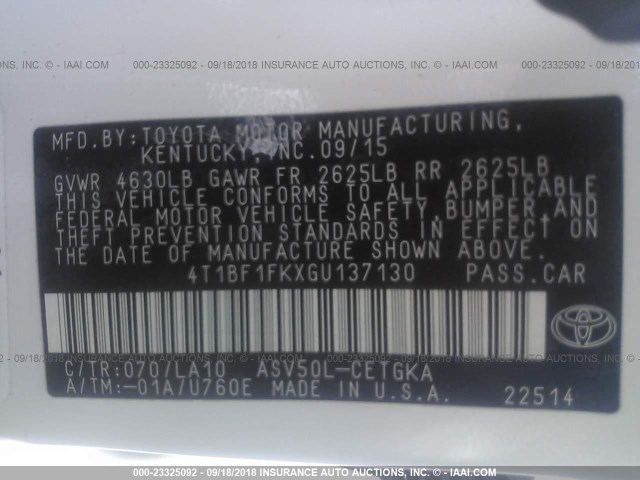 4T1BF1FKXGU137130 - 2016 TOYOTA CAMRY LE/XLE/SE/XSE 白色 照片 9