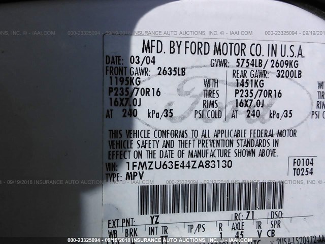 1FMZU63E44ZA83130 - 2004 FORD EXPLORER XLT/XLT SPORT/NBX 白色 照片 9