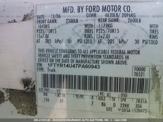 1FTYR14U47PA60943 - 2007 FORD RANGER SUPER CAB WHITE photo 9