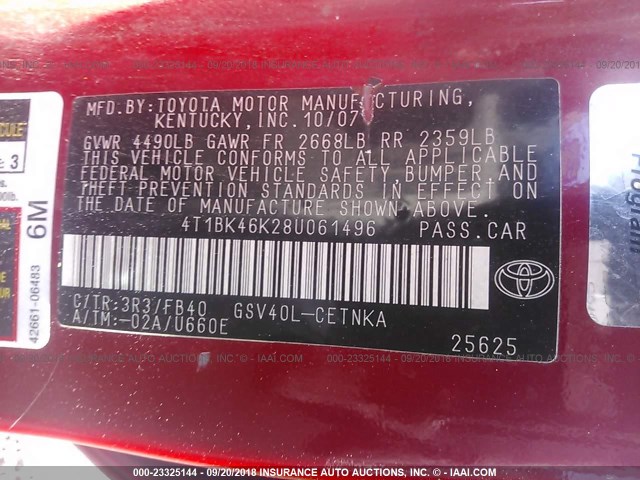 4T1BK46K28U061496 - 2008 TOYOTA CAMRY LE/XLE/SE RED photo 9