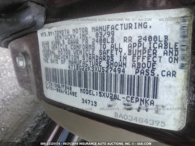 4T1BG22K3XU527494 - 1999 TOYOTA CAMRY CE/LE/XLE 勃艮第红 照片 9