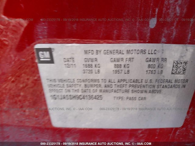 1G1JA5SH9C4136425 - 2012 CHEVROLET SONIC LS 红色 照片 9