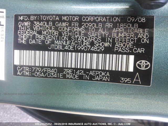 JTDBL40E199074829 - 2009 TOYOTA COROLLA LE/XLE BLUE photo 9