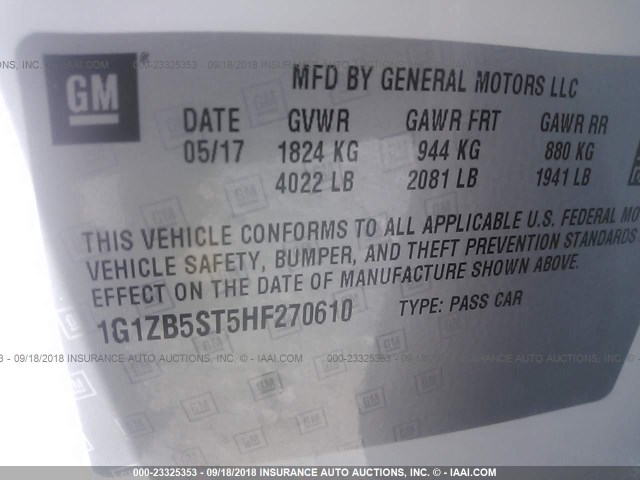 1G1ZB5ST5HF270610 - 2017 CHEVROLET MALIBU LS Ağ foto 9