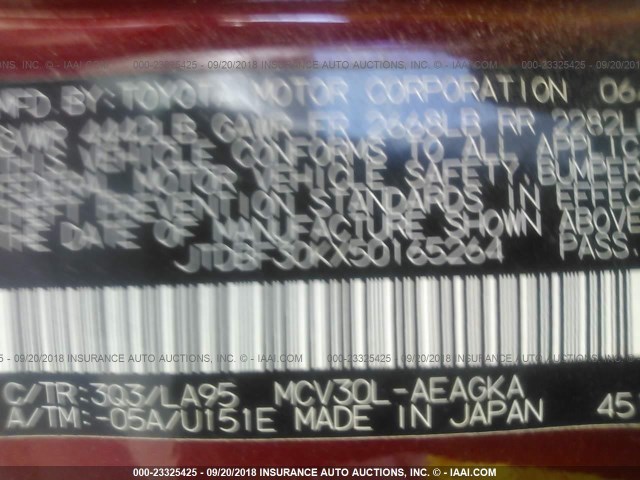 JTDBF30KX50165264 - 2005 TOYOTA CAMRY LE/XLE/SE Қызыл фото 9