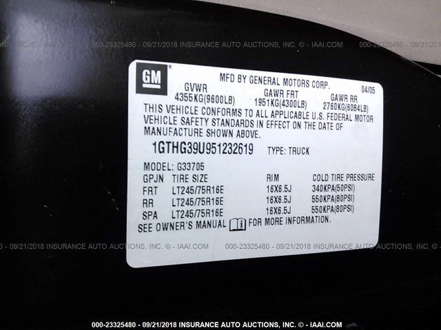 1GTHG39U951232619 - 2005 GMC SAVANA G3500 BLACK photo 9