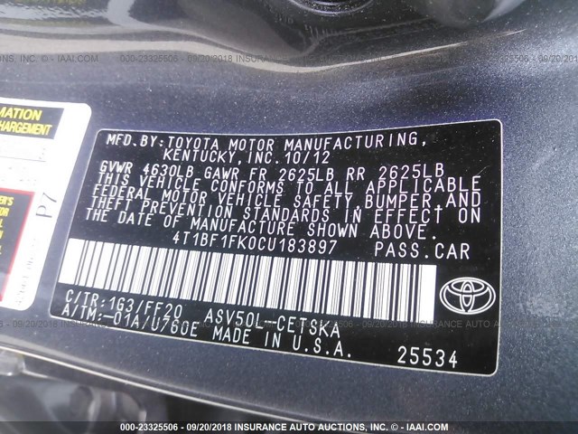 4T1BF1FK0CU183897 - 2012 TOYOTA CAMRY SE/LE/XLE ნაცრისფერი ფოტო 9