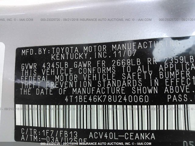 4T1BE46K78U240060 - 2008 TOYOTA CAMRY CE/LE/XLE/SE SILVER photo 9