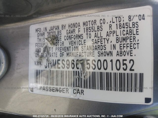 JHMES96685S001052 - 2005 HONDA CIVIC HYBRID SILVER photo 9