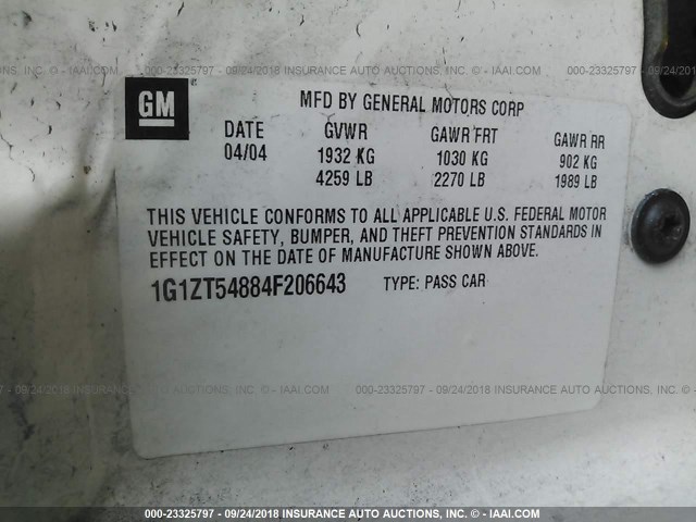 1G1ZT54884F206643 - 2004 CHEVROLET MALIBU LS 白色 照片 9