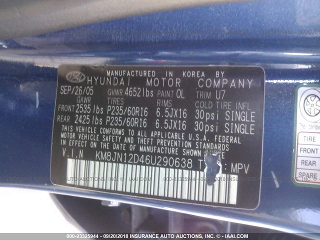 KM8JN12D46U290638 - 2006 HYUNDAI TUCSON GLS/LIMITED BLUE photo 9