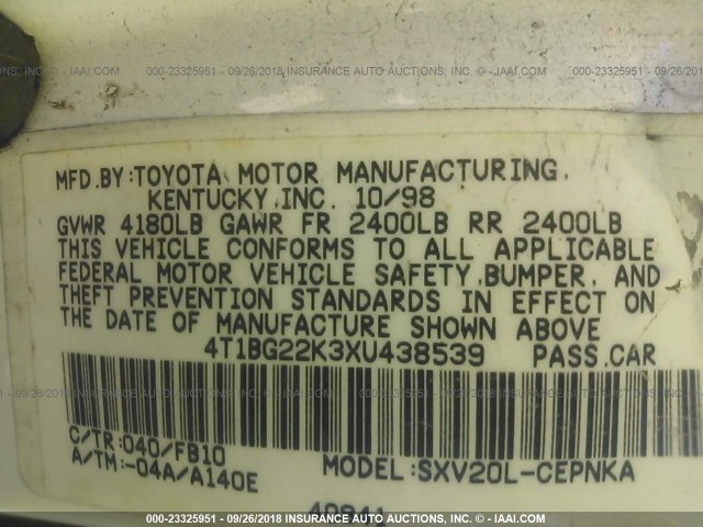 4T1BG22K3XU438539 - 1999 TOYOTA CAMRY CE/LE/XLE 白色 照片 9