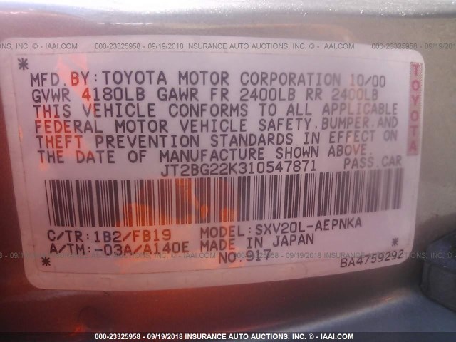 JT2BG22K310547871 - 2001 TOYOTA CAMRY CE/LE/XLE SILVER photo 9